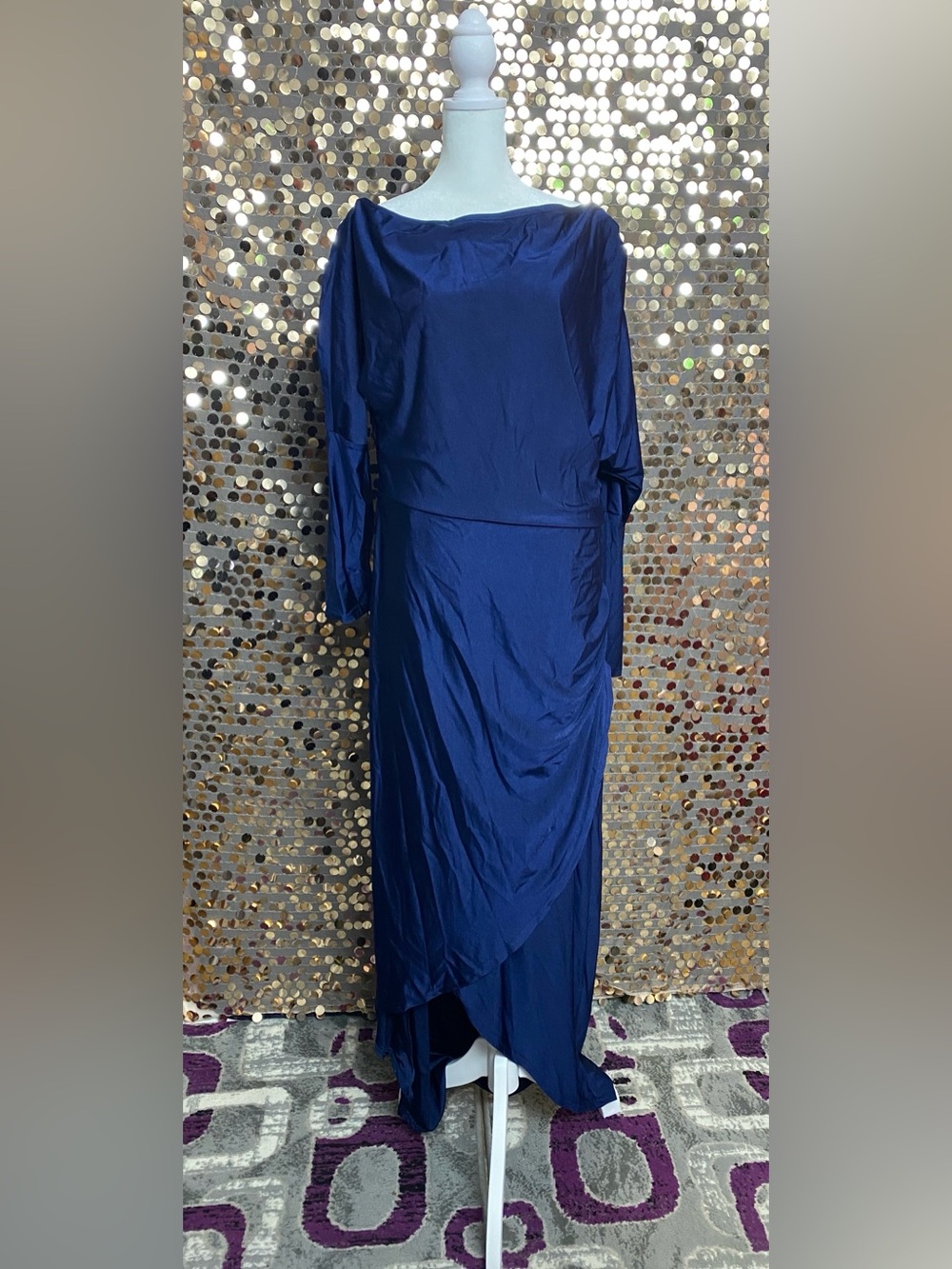 Elegant Navy Blue High-Low Dress with Long Sleeves #1608